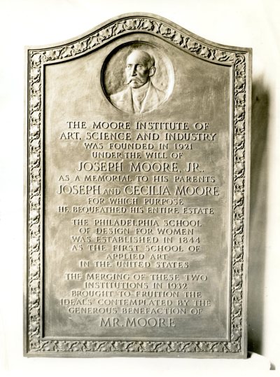 Plaque commemorating Joseph Moore Jr. and the 1932 merging of the Philadelphia School of Design for Women and the Moore Institute of Art, Science & Industry. Photo undated.